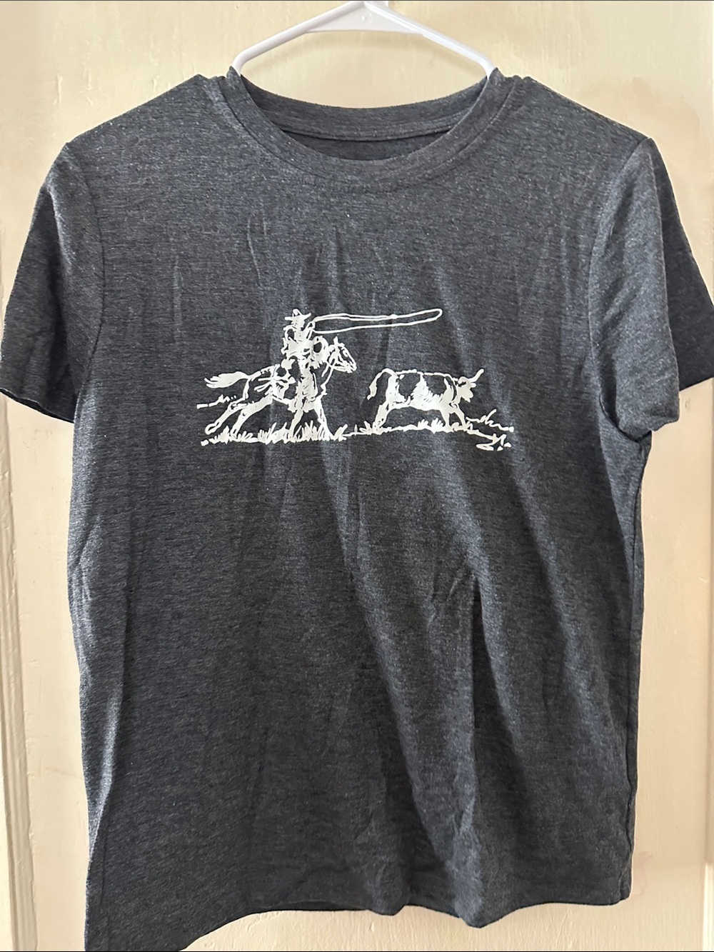 SHEIN Women's Dark Gray Short Sleeve Tee with White Rodeo Graphic